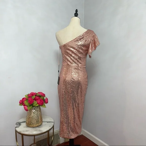 # Mac Duggal Rose Gold Sequins One Shoulder Ruffle Mini Dress / Gown New W/ Tag - Picture 16 of 17